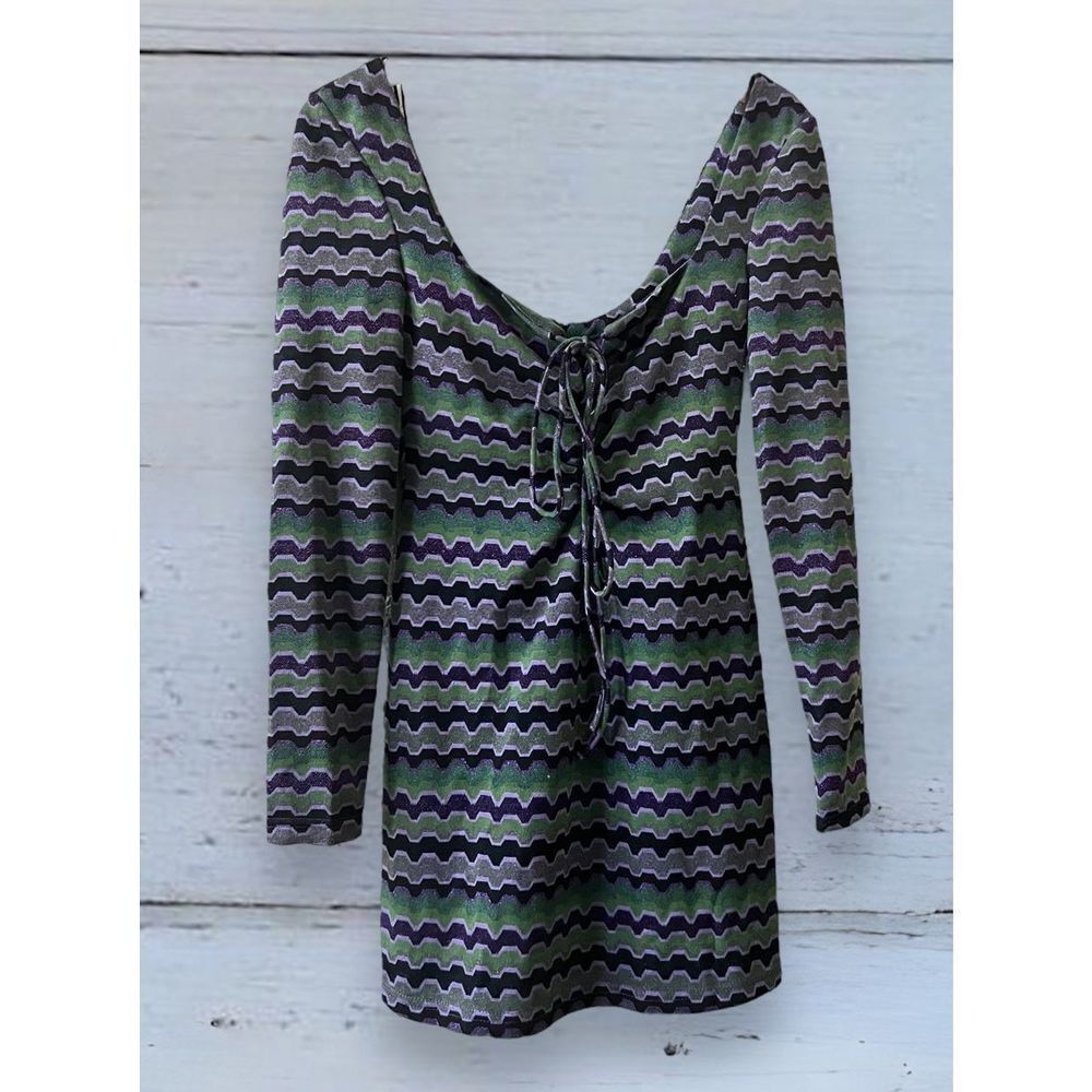 Zara NWT Purple Green Sequin Wave Print Long Sleeve Mini Dress M Party Night